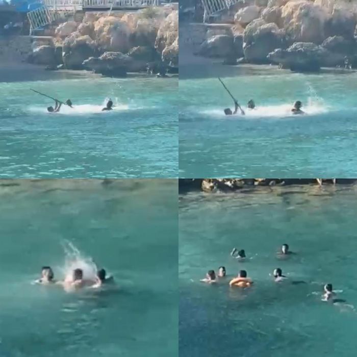 Mersin'de denizin ortas�nda sopal� kavga kamerada